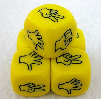 Roshambo dice in yellow with black ink